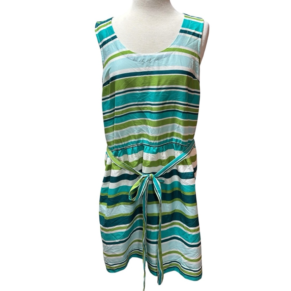 Banana Republic Green Teal Striped‎ Sleeveless Belted Shift Dress 12 #249
